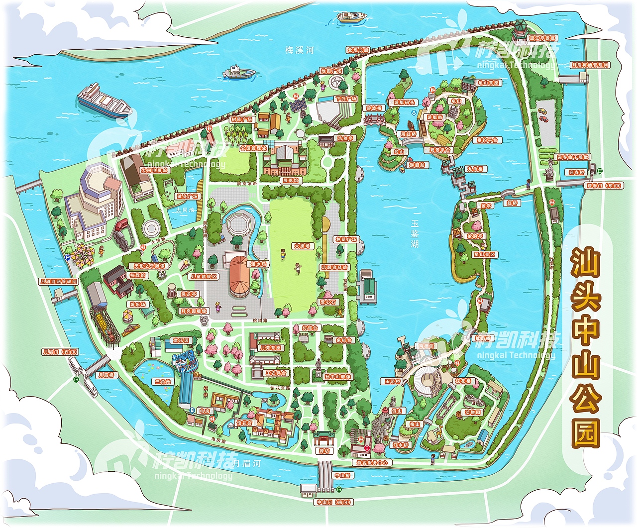 汕头中山公园手绘地图智慧导览定制×柠凯科技