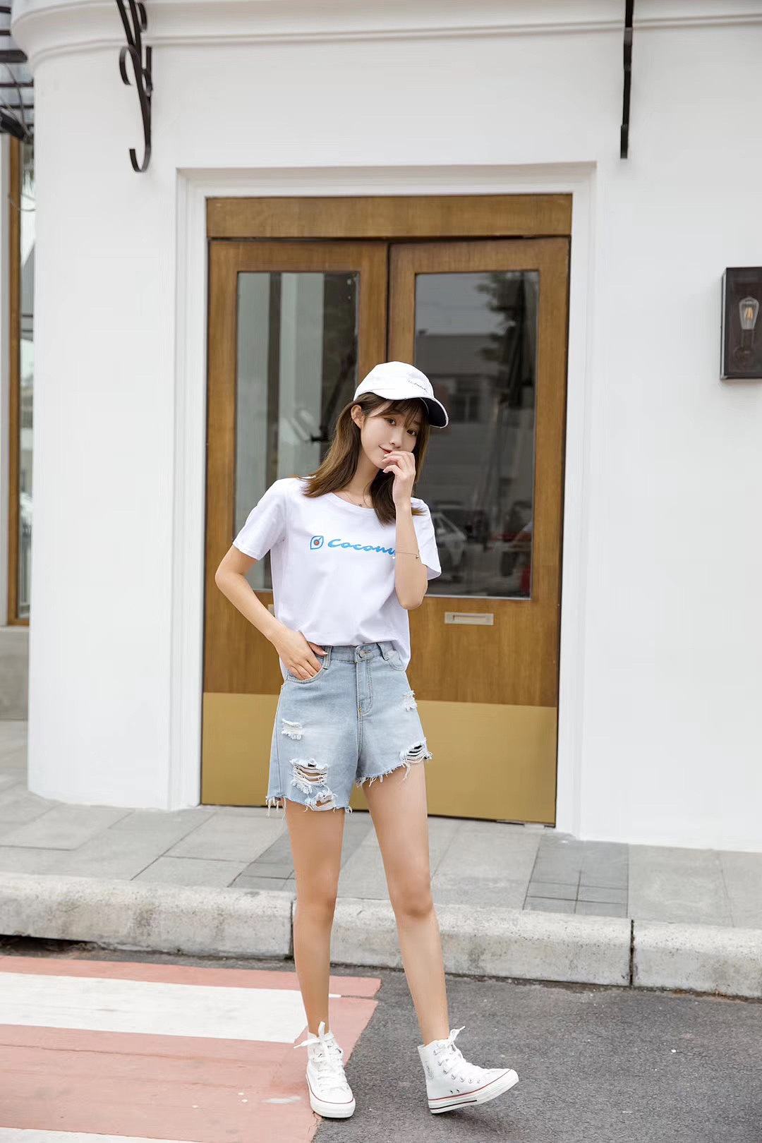 网红风店主风ins风纯色韩版T恤印花宽松T恤模特拍照