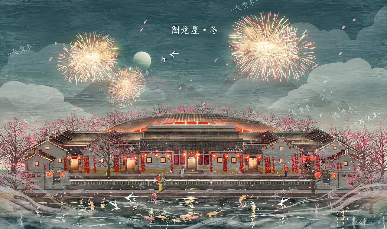 梅州围龙屋的四季插画设计