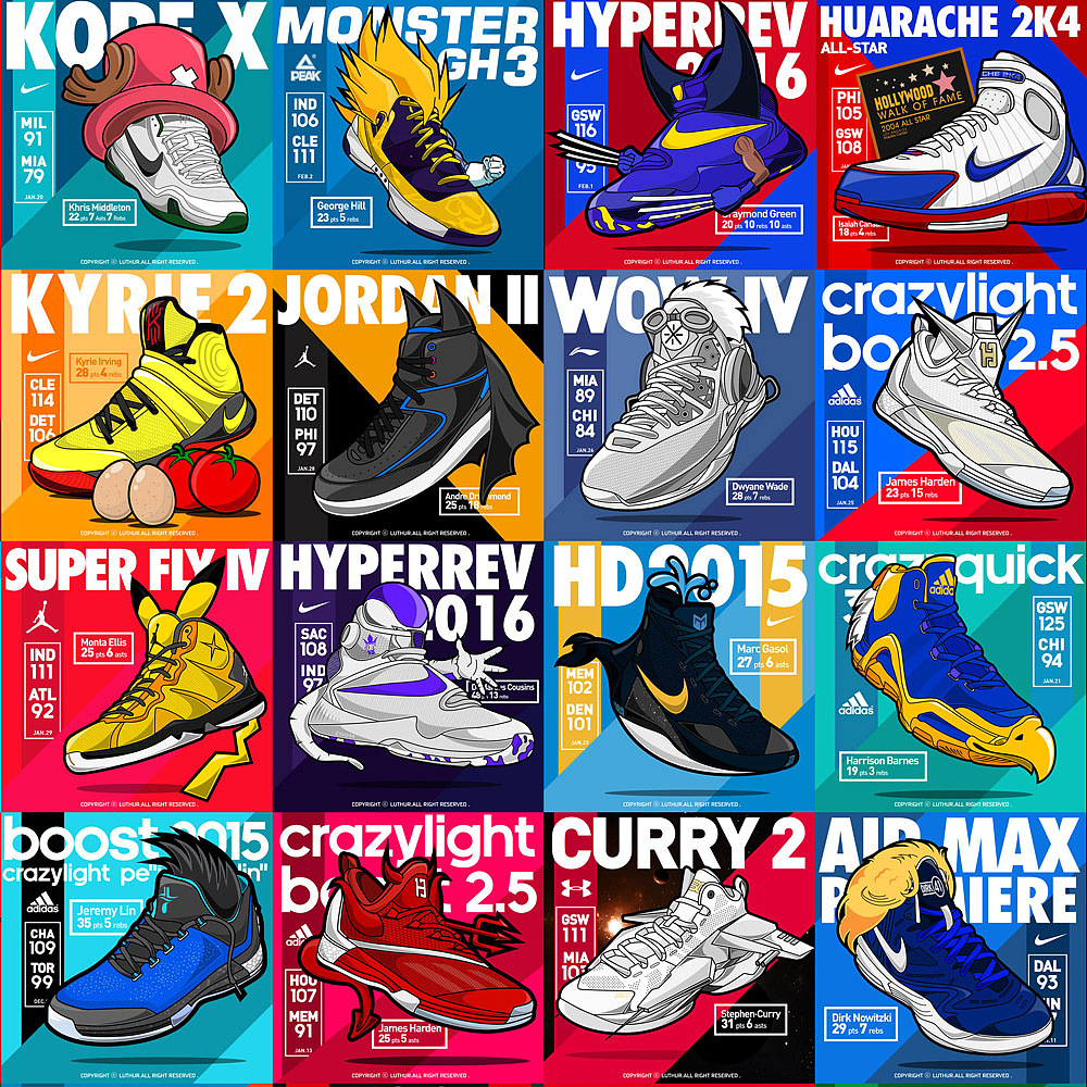 1个赛季，164个比赛日，每天一场比赛一个球员一双鞋一个故事（图ZNTg2NjkwMTY=） - 商业插画 - 站酷设计师luthur原创素材 - 站酷ZCOOL