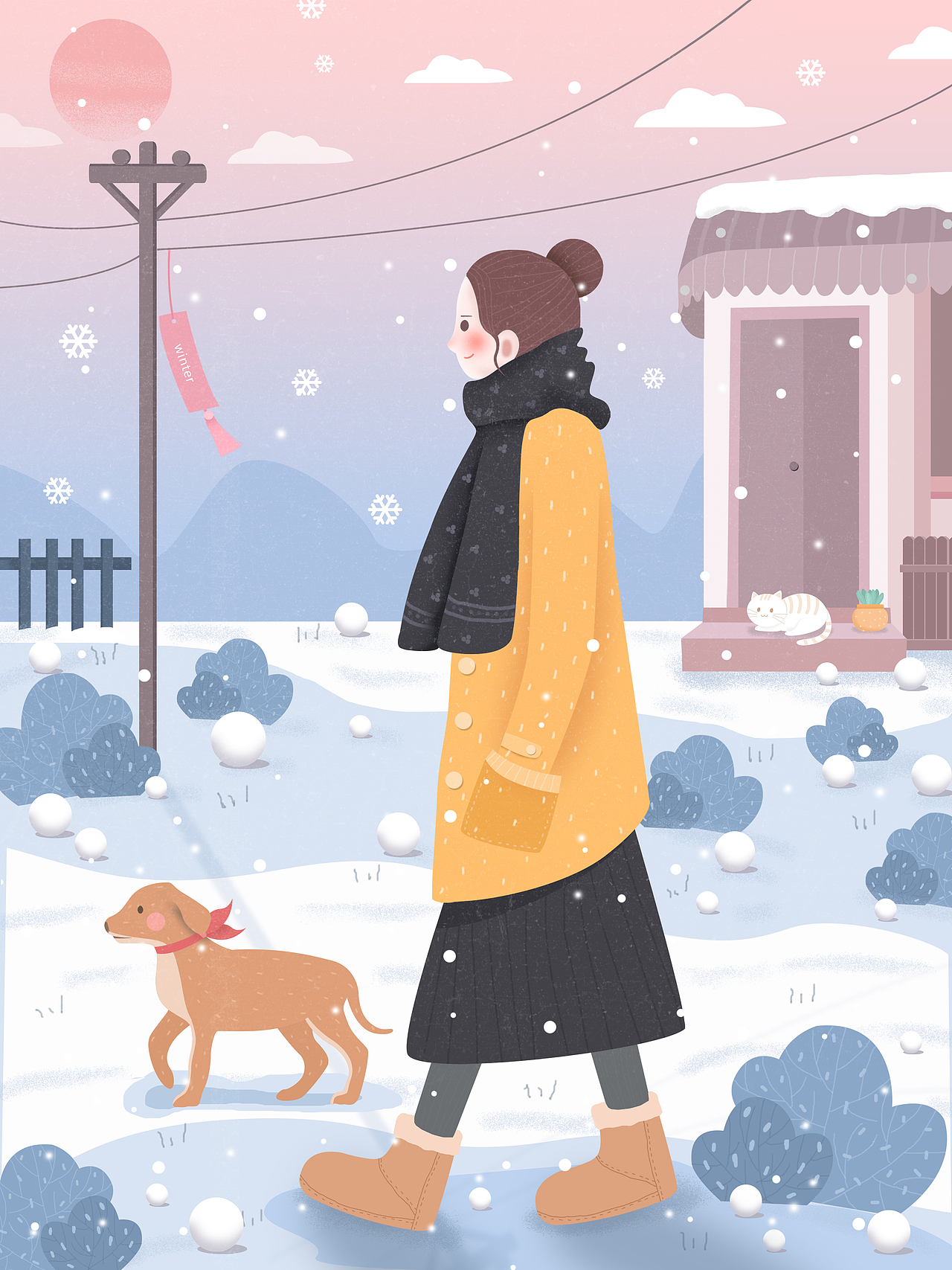 原创手绘清新冬季女孩商业插画