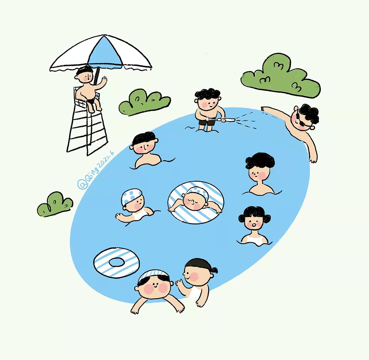 夏天带孩子去泳池游泳想到画的