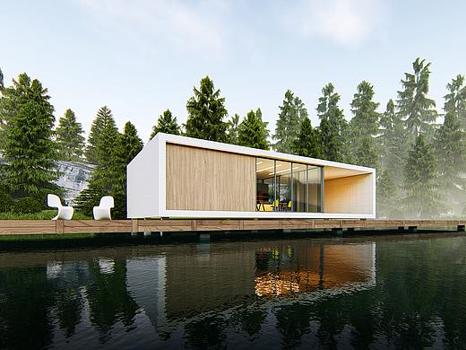 针叶林湖泊上的别墅
