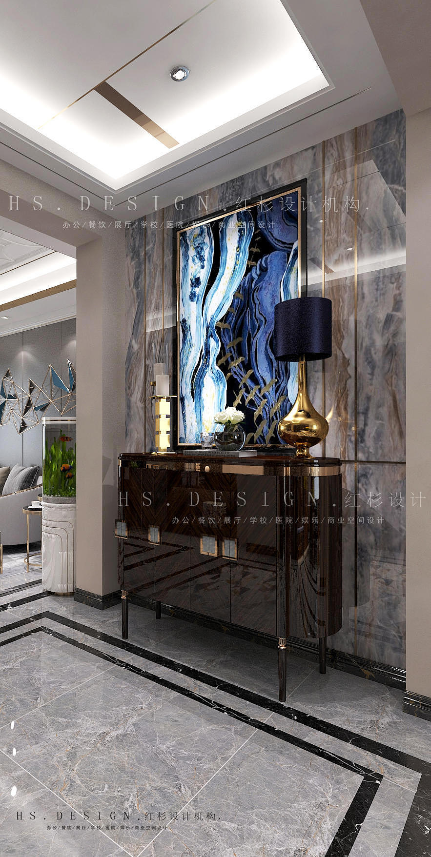 空间作为叠墅空间，设计师选用浅色纹理背景墙、雅致的克莱因蓝与浅色的基调挑起了空间的韵律美感，于光和影的对话里，散发空间的魅力。