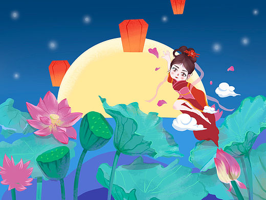 嫦娥奔月（個(gè)人主頁-ZNTY5NzY4NTY=） - 商業(yè)插畫 - 站酷設(shè)計(jì)師袁欣原創(chuàng)素材 - 站酷ZCOOL