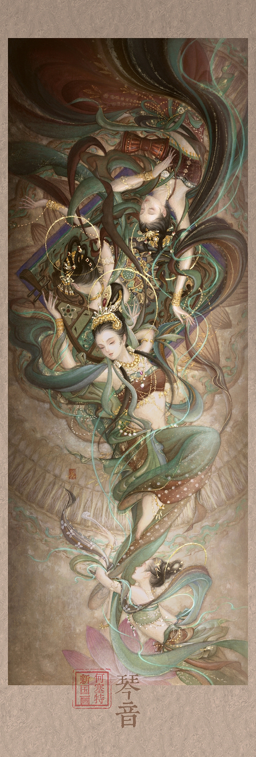 新国画｜《琴音》（二）手绘敦煌飞天古风国风艺术插画（图ZMzcwNTU2ODQ0） - 艺术插画 - 站酷设计师何塞特Herset原创素材 - 站酷ZCOOL