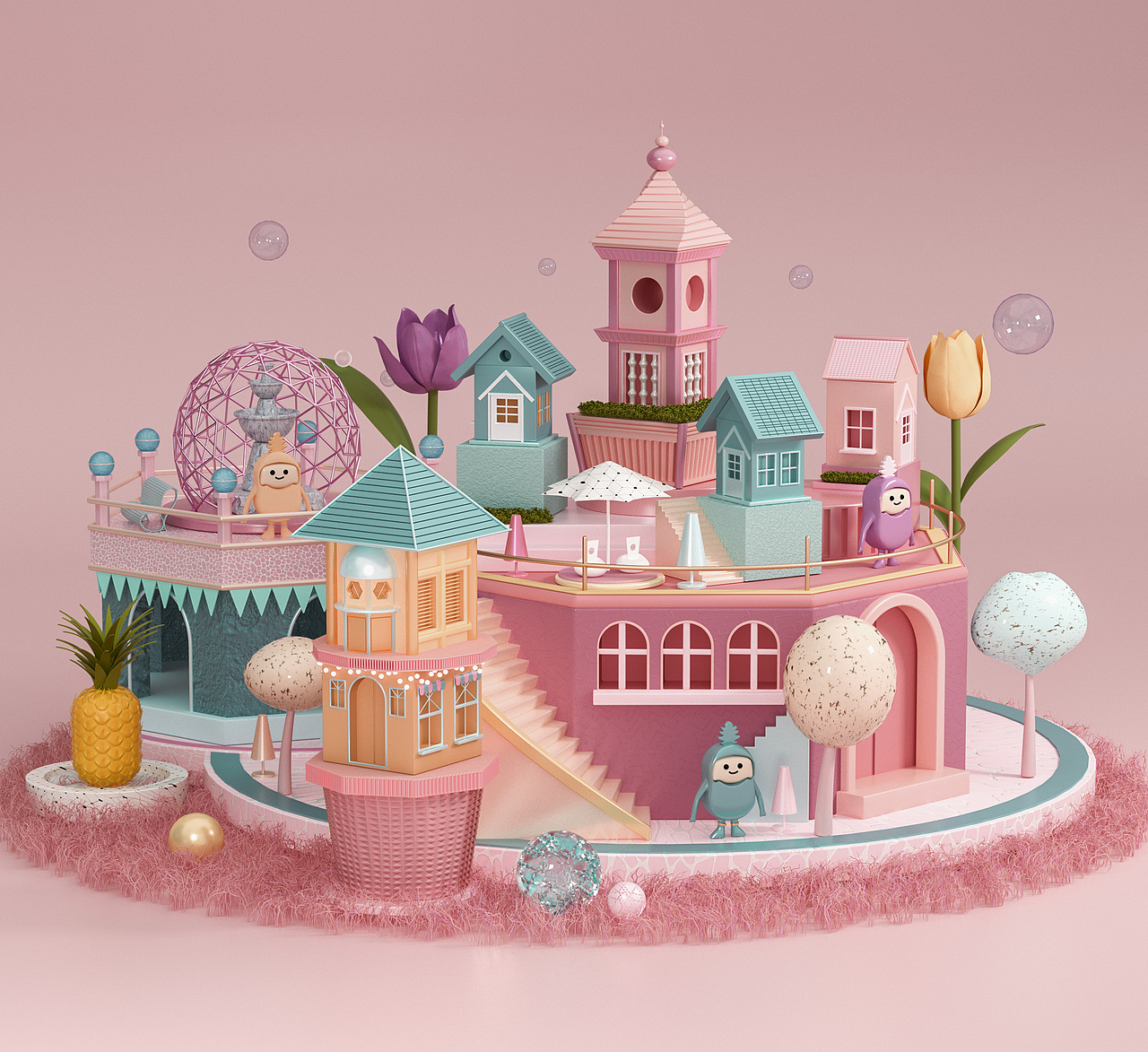 c4d场景中式国潮复古风格中秋国庆双节c4d美陈ip人物建模 md布料 c4d