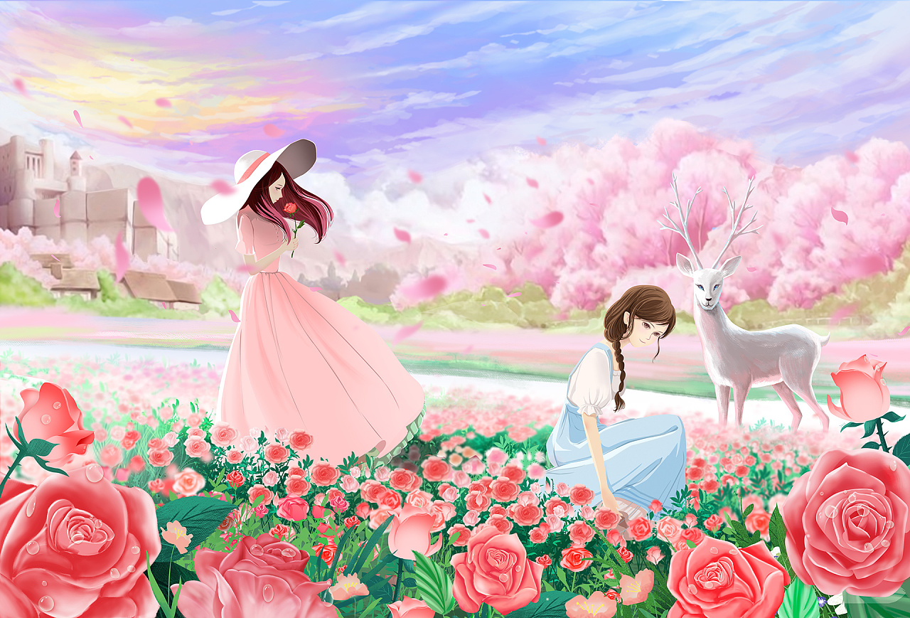 玫瑰花田下的少女