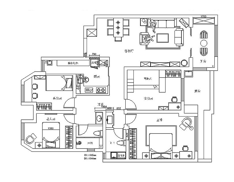 郑州保利海上五月花137平四室两厅美式乡村装修效果图——户型布局图