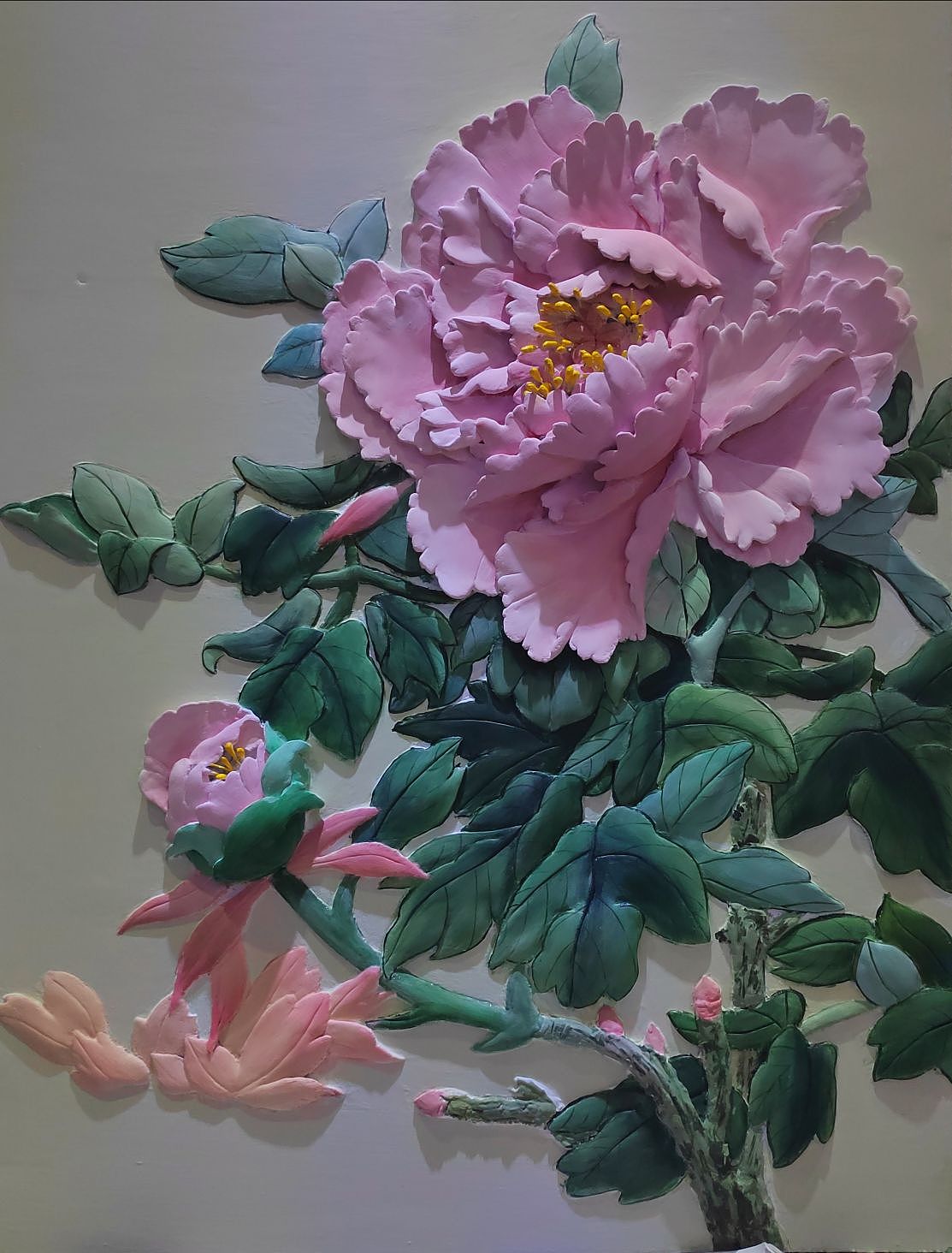 浮雕壁画，牡丹，可来图定制