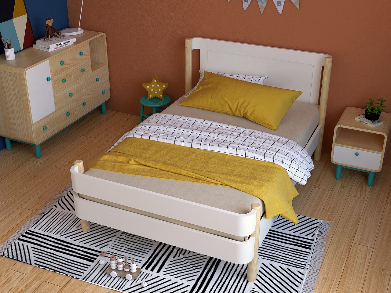 小鬼当家北欧风格儿童房-圆角单床