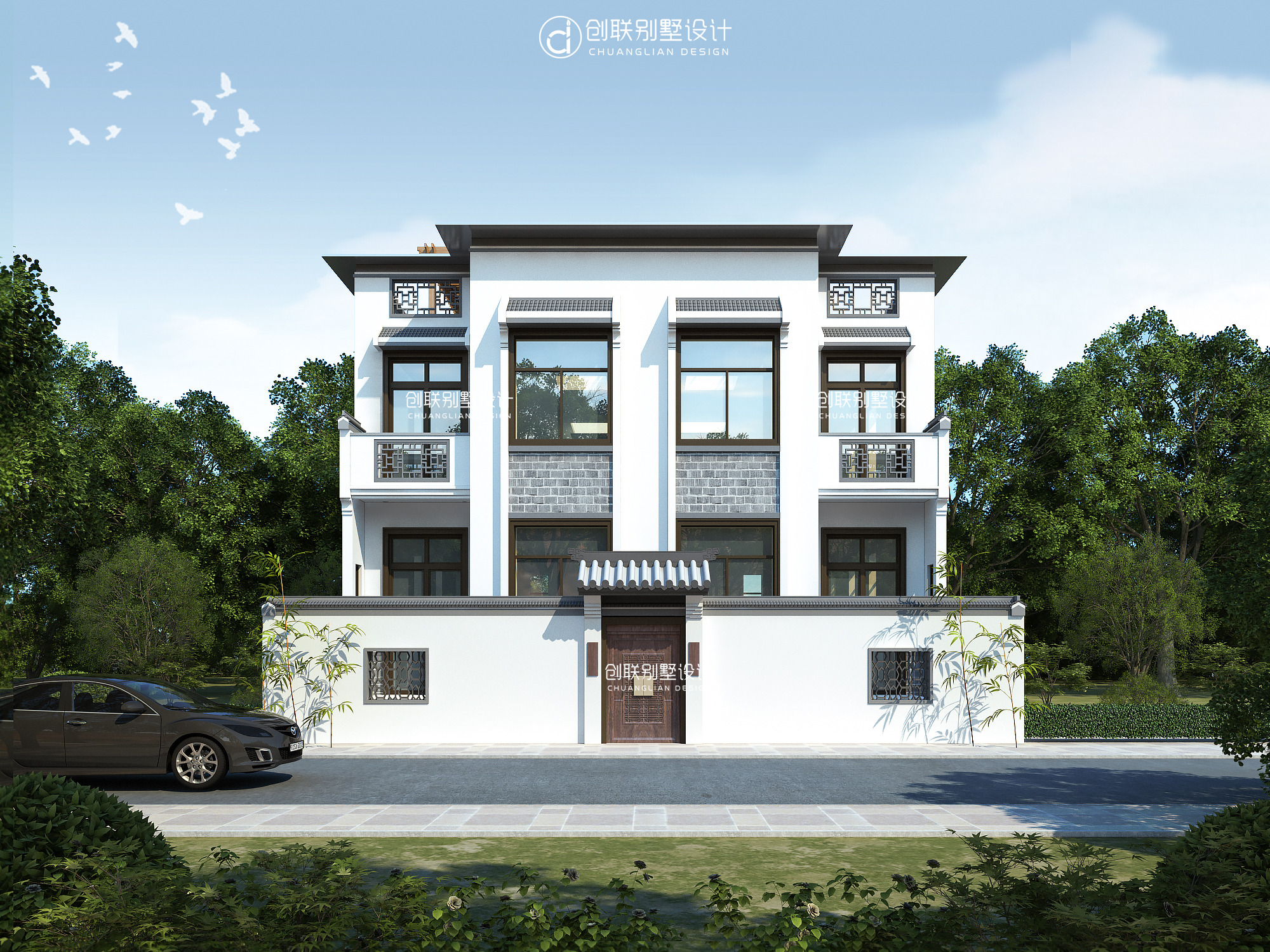 QH3076新中式三层大型豪华带阳台对称农村自建乡村别墅全套设计施工图 - 青禾乡墅科技