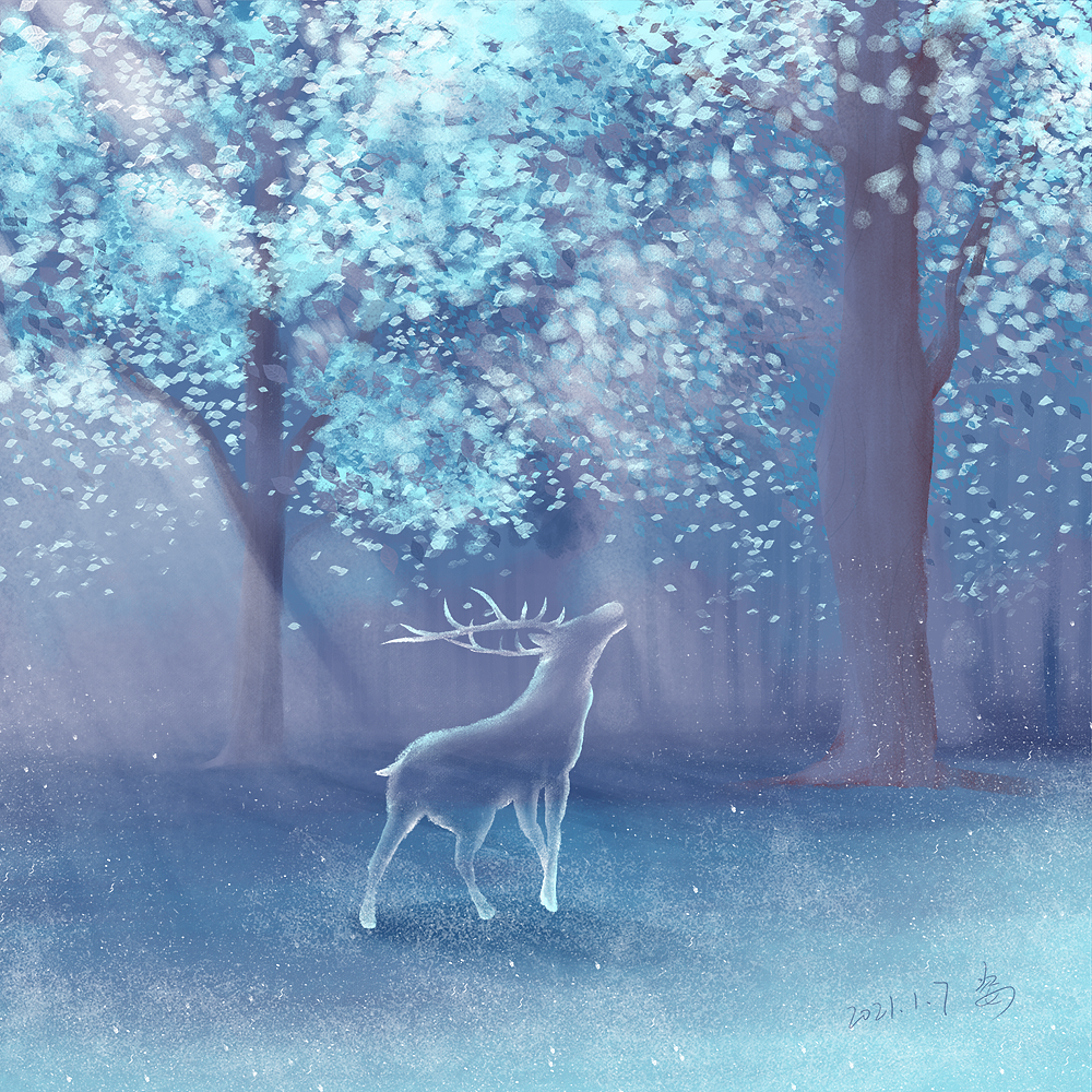 林间小路的小鹿,试了一下不同的色彩搭配,梦幻色彩