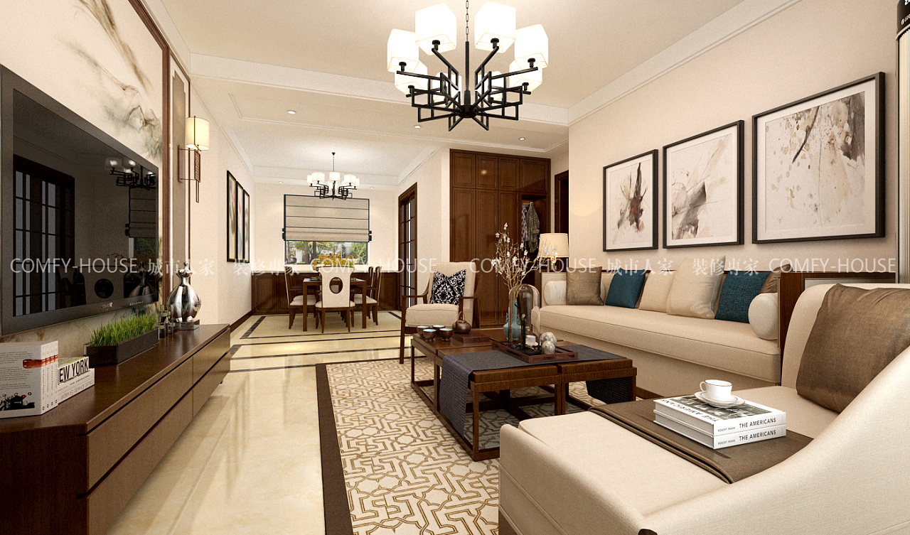 财富壹号135平三室两厅新中式风格装修效果图|空间|家装设计|济南城市