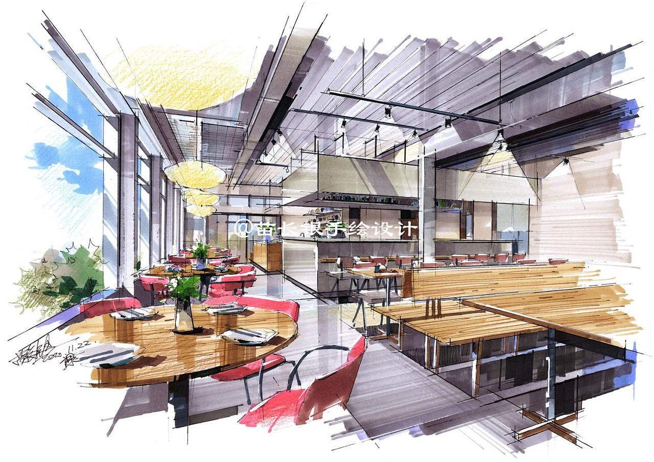 工装餐饮空间手绘马克笔上色步骤