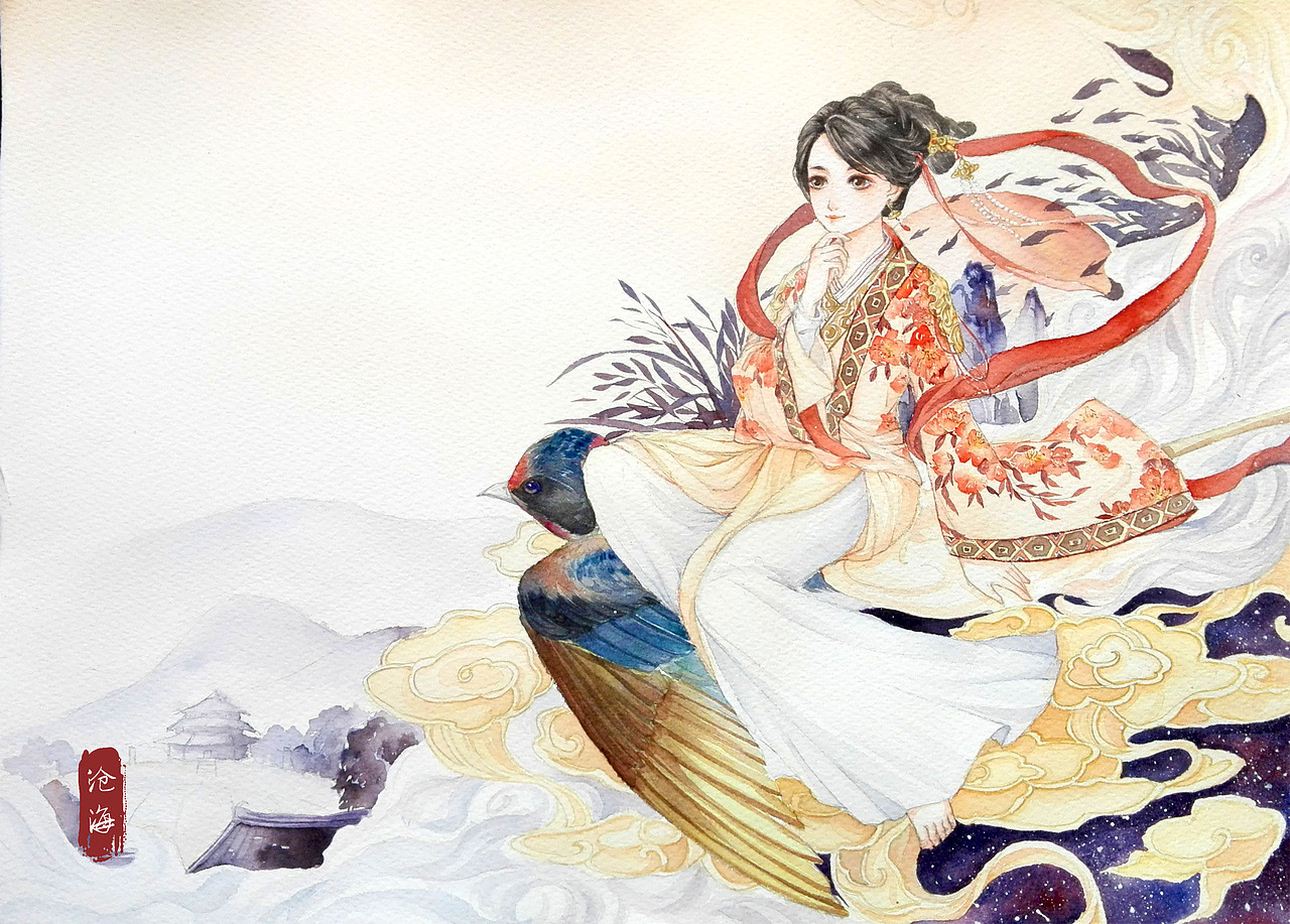 洛阳——手绘柳然遇见梨花遇见国宝——手绘长信宫灯拟人标签水彩作品