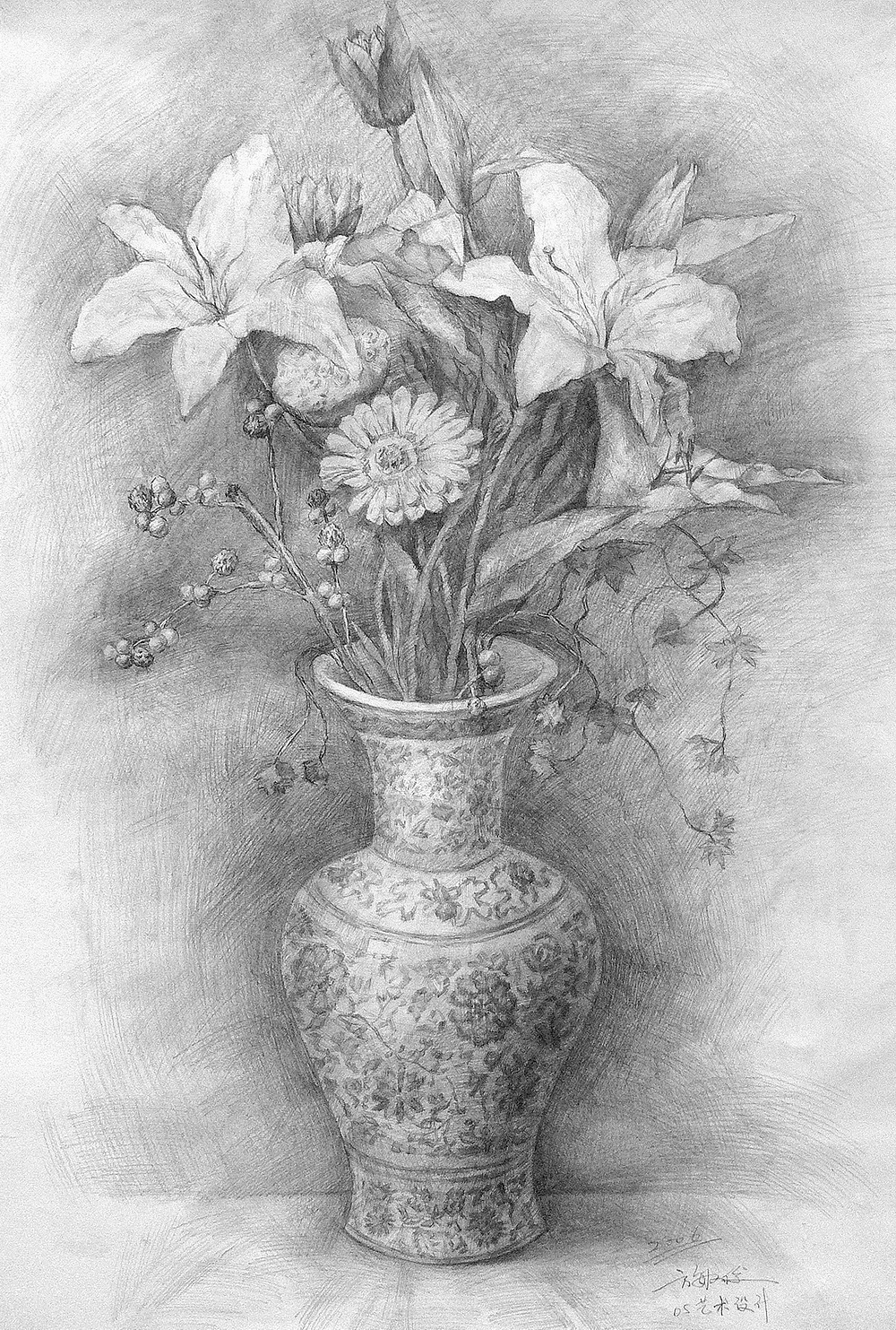 画花瓶和花素描图片