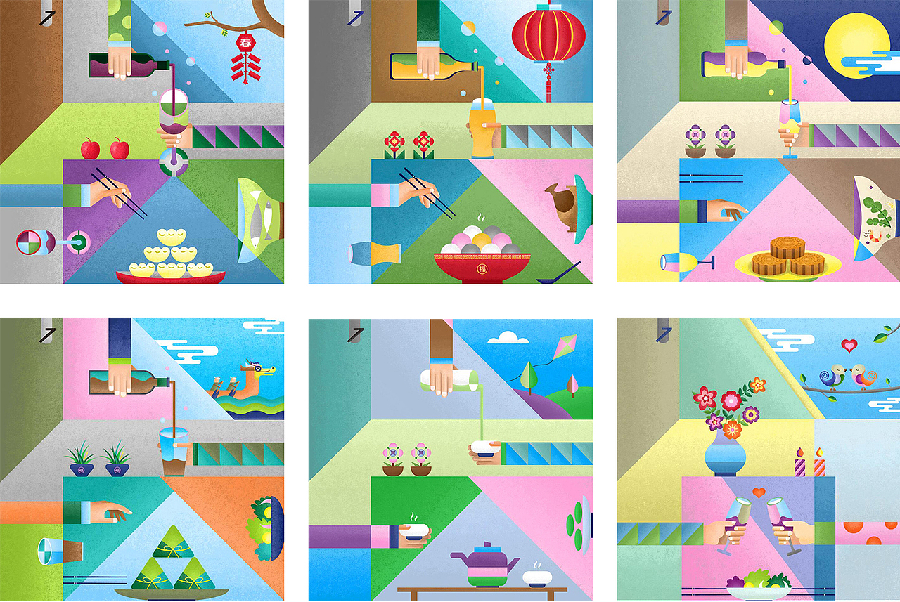 中国传统节日系统插图(春节、元宵节、中秋节、端午节、清明节、七夕)