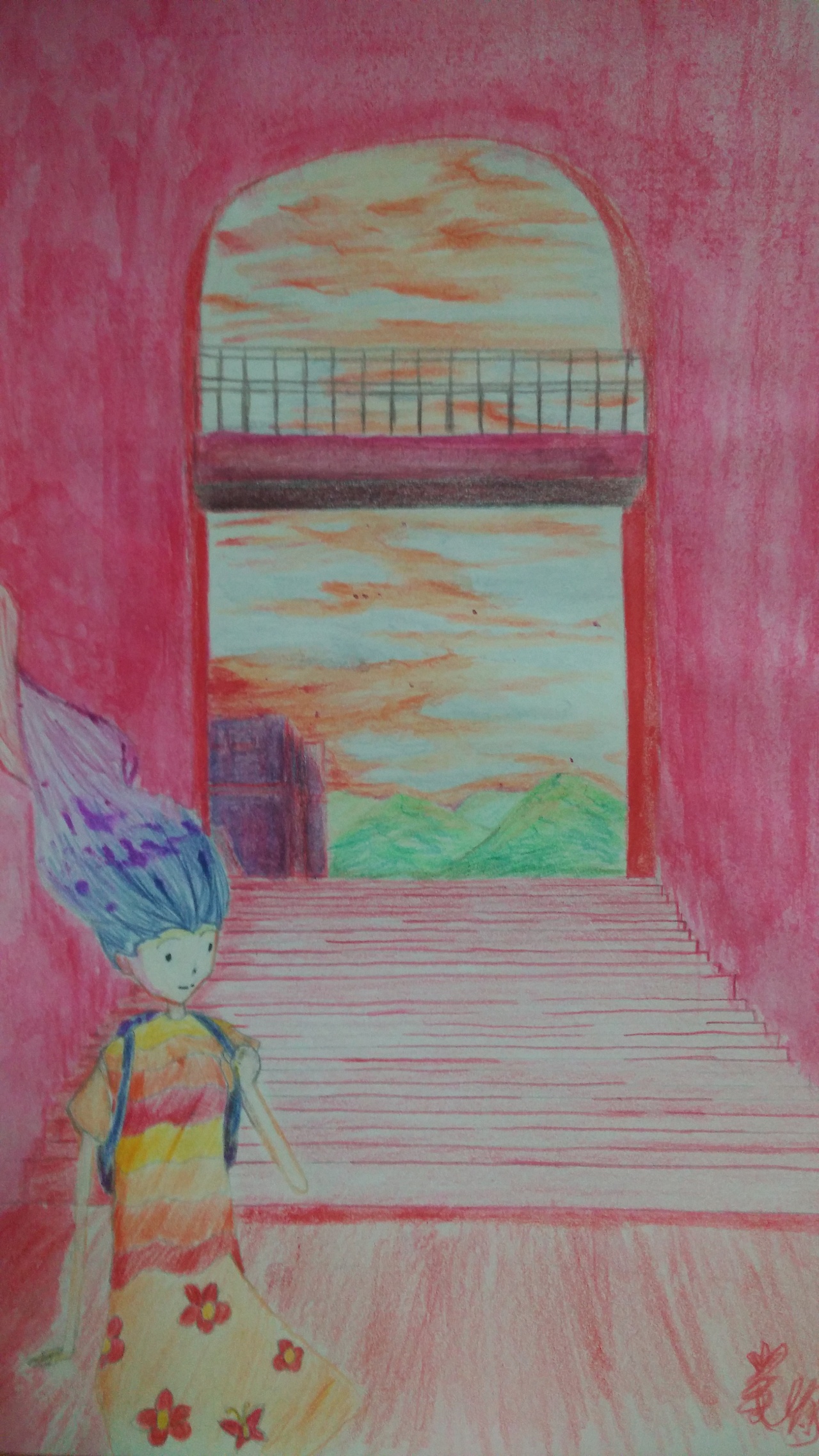 童话风插画,校园的夕阳