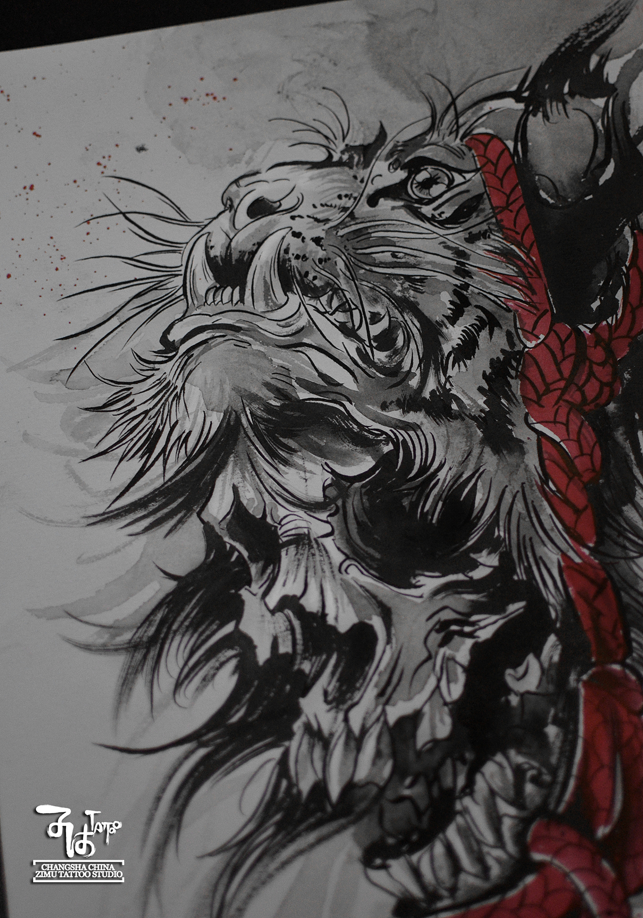 长沙子沐刺青纹身工作室毛笔水墨中国风手稿虎头骷髅