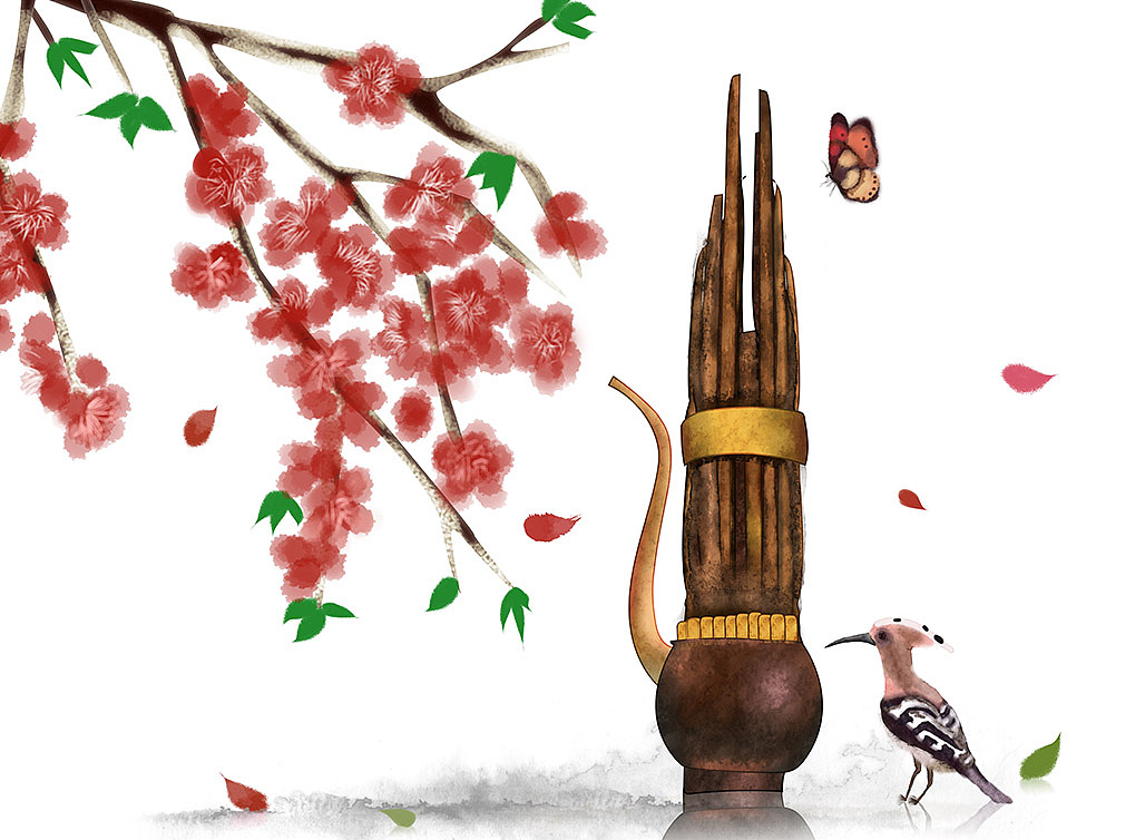 古风手绘《民乐与四季》琵琶阮竖琴编钟笙笛子古筝埙鼓|插画|商业插画