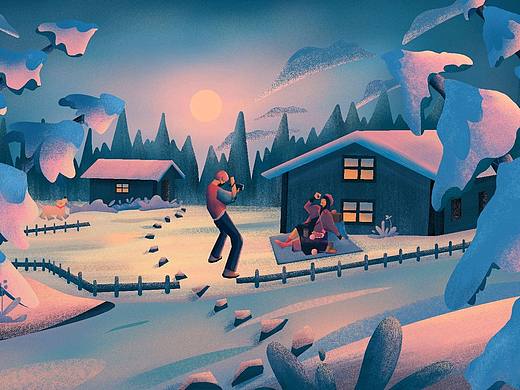 原创几何风景插画-雪村