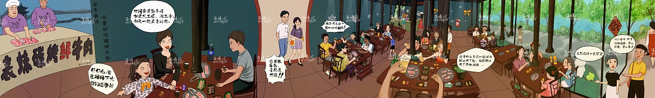 烤肉店场景插画设计复古风（图ZMjM0NDUxNjQ0） - 商业插画 - 站酷设计师温晴儿手绘原创素材 - 站酷ZCOOL