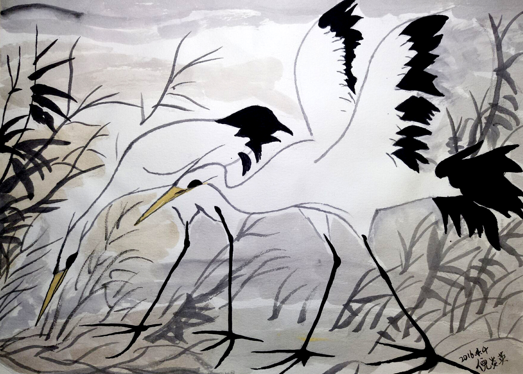 水墨写意画仙鹤的画法图片