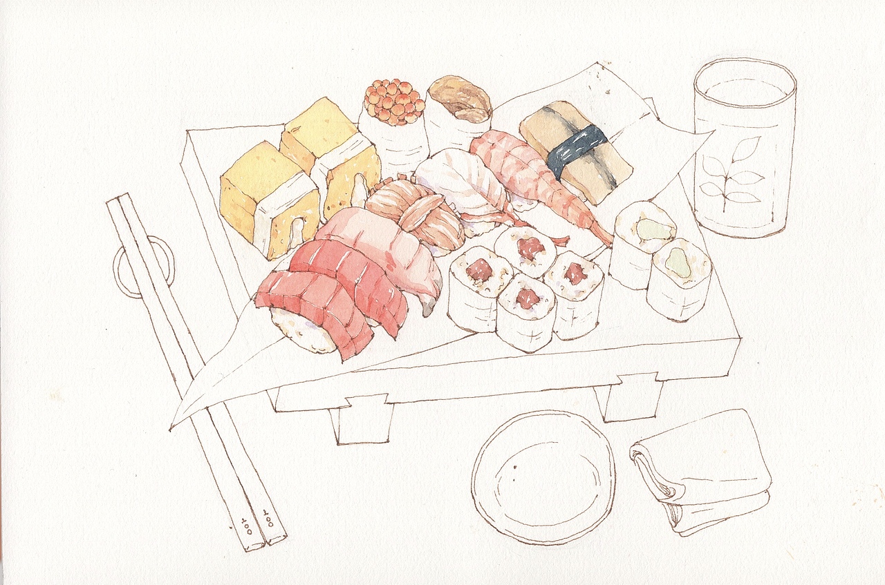 钢笔淡彩 水彩美食 寿司