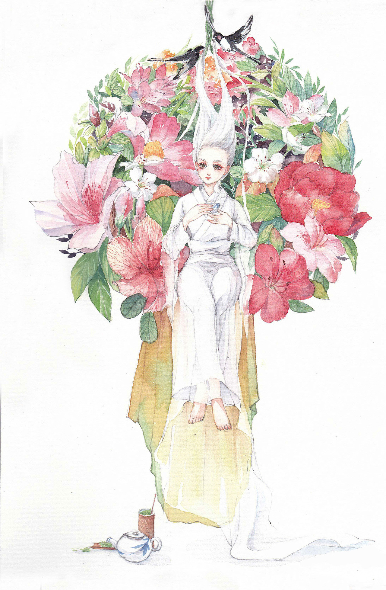 洛阳——手绘柳然遇见梨花遇见国宝——手绘长信宫灯拟人标签水彩作品