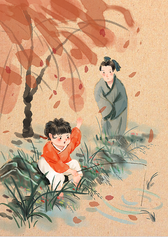 小儿垂钓国画插图|插画|儿童插画|菠萝菠萝艾特 - 原创作品 - 站酷