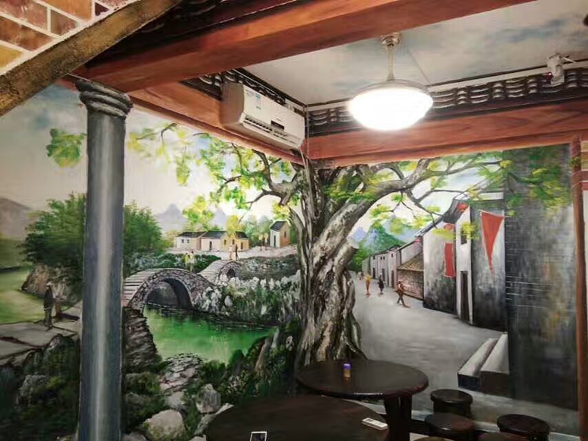 新视角螺蛳粉店3D墙绘 柳州老街手绘壁画