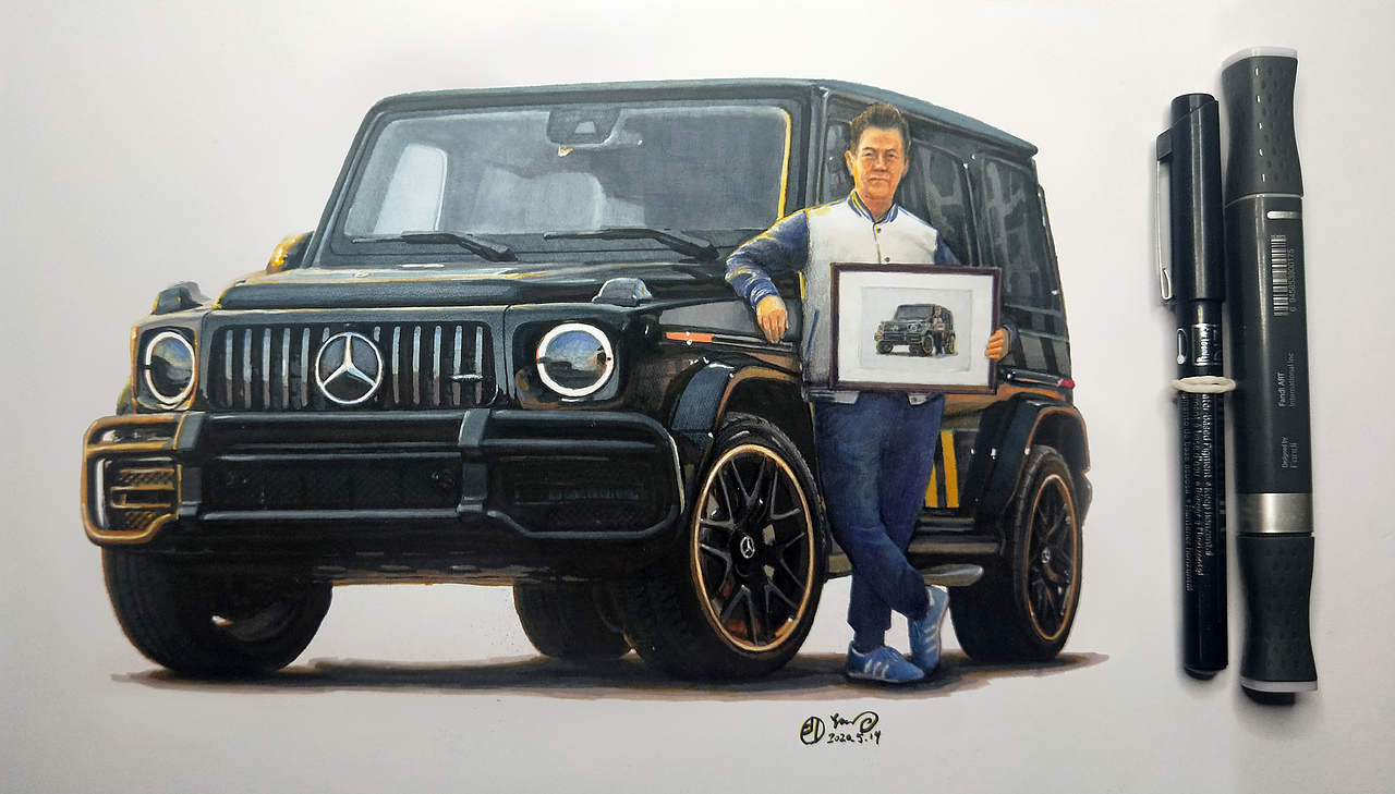 第一次手绘汽车加人物(虚构人物)+梅赛德斯 大G
