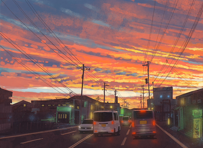 城市街景 插图 夕阳 黄昏