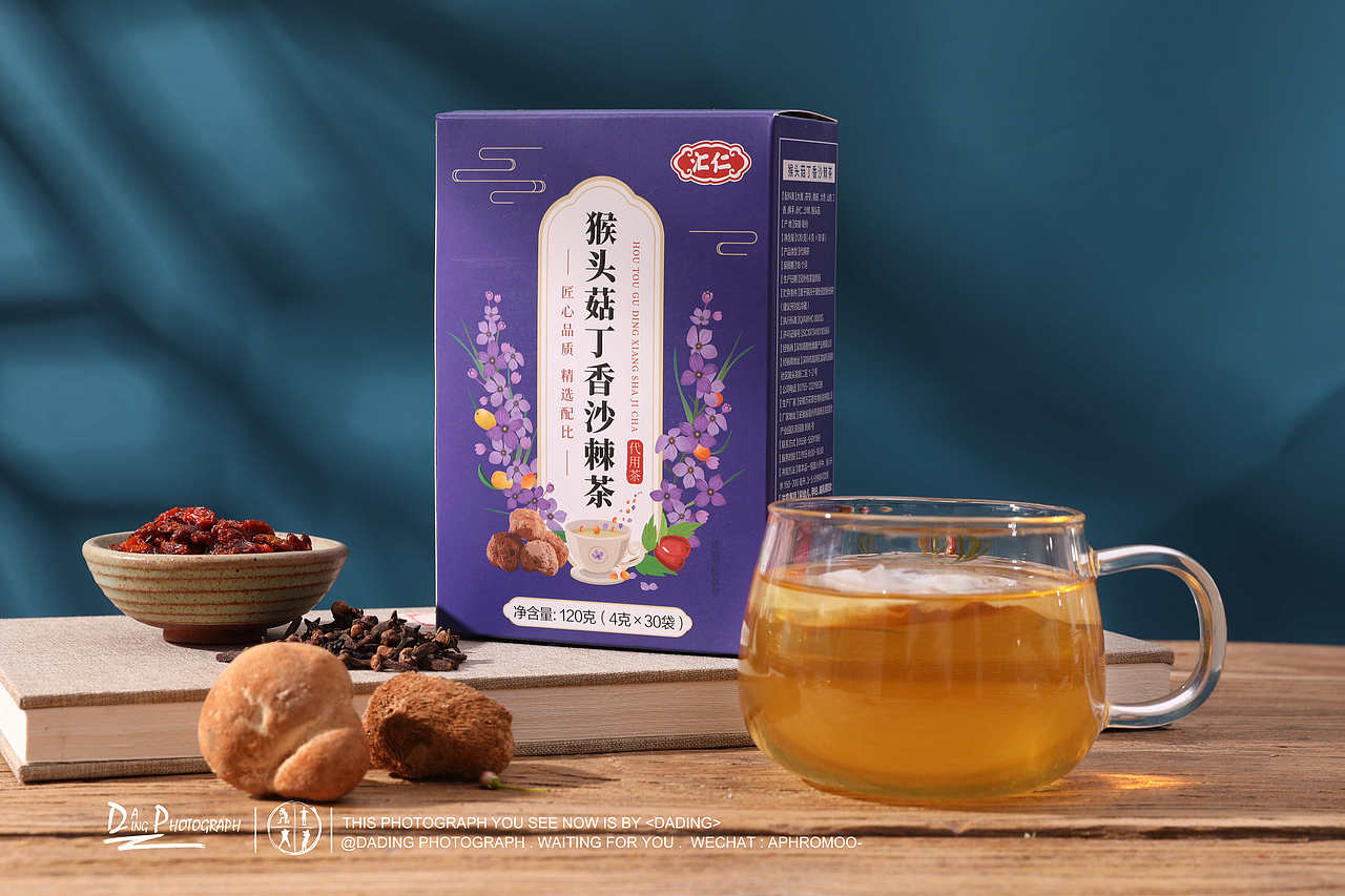 暗调国风养生茶花茶保健品猴头菇茶