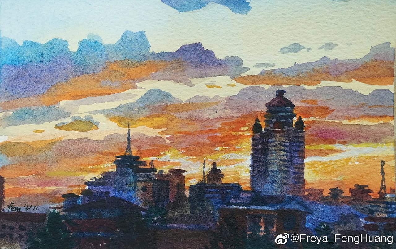 thecloudsatsunset夕阳下的云彩水彩加作画过程