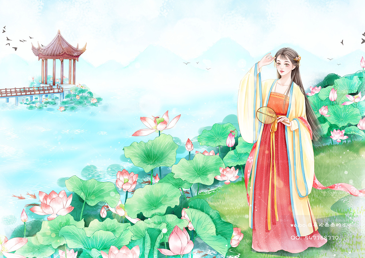 荷塘边的古风少女（图ZMjQ4NTUxMzg4） - 商业插画 - 站酷设计师水水插画原创素材 - 站酷ZCOOL