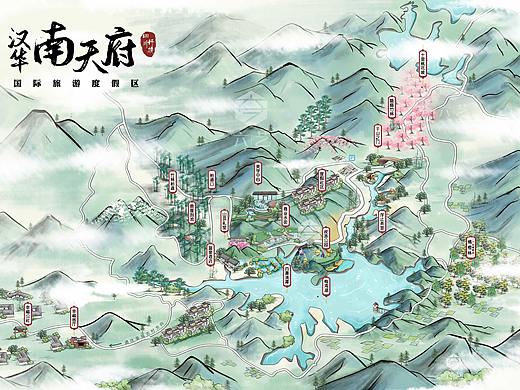 旅游度假区手绘地图中国风景区导览图山水插画设计