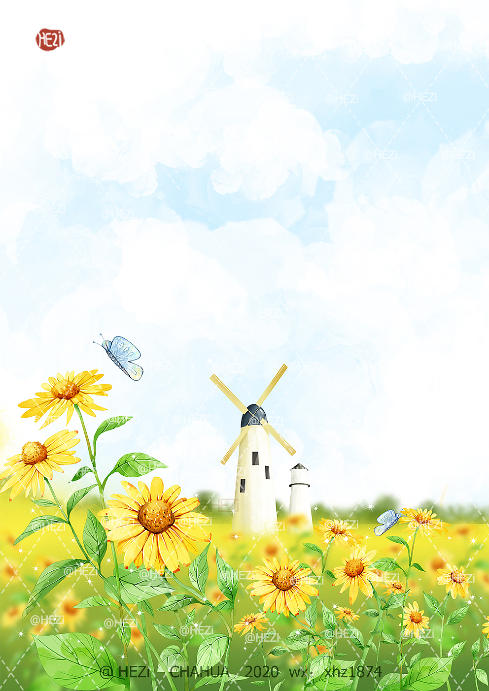 向日葵花田的少女少女插画水彩