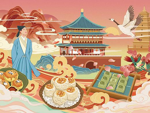 西安糕点国潮插画