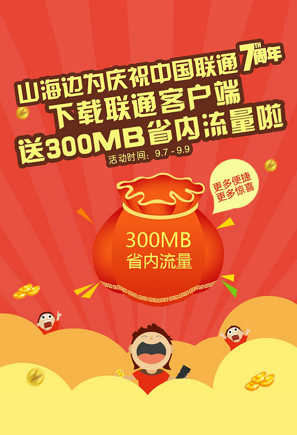 联合中国联通推出的送300M流量的活动