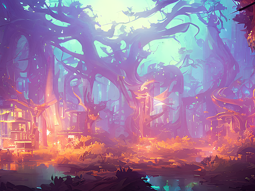 #站酷梦笔#清新 森林城市 发光小鹿 夜晚，背光，现代