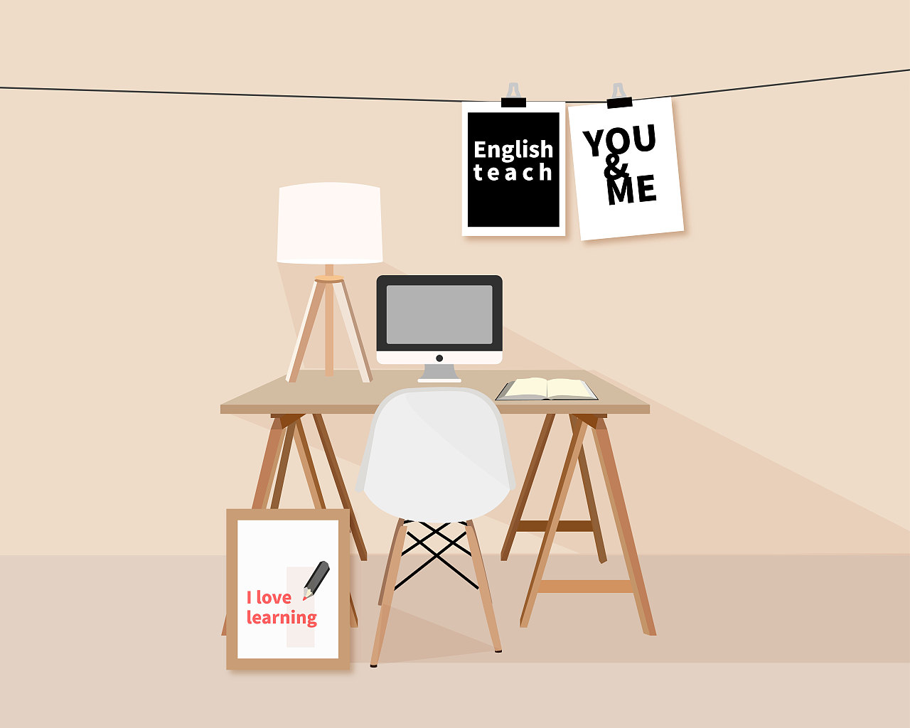 办公桌教育扁平插画