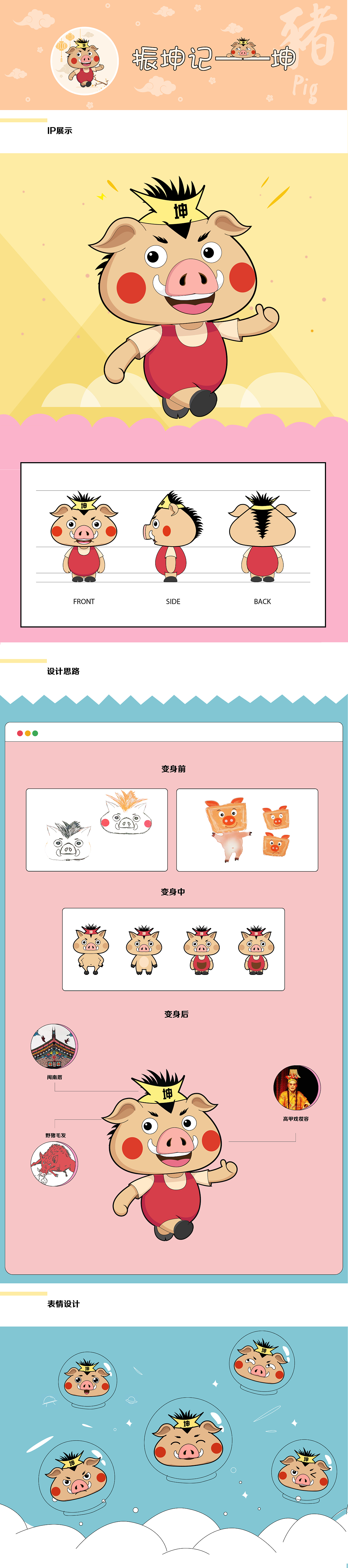 设计中融合了闽南特色建筑厝、闽南高甲戏的妆容,同时需要体现土猪的特性。在最后定稿中给IP加了一个“棒”的手势,体现振坤记产品棒,质量好。颜色选用了LOGO色中的红色及蛋壳黄,整体色彩与品牌颜色匹配且符合产品特性。