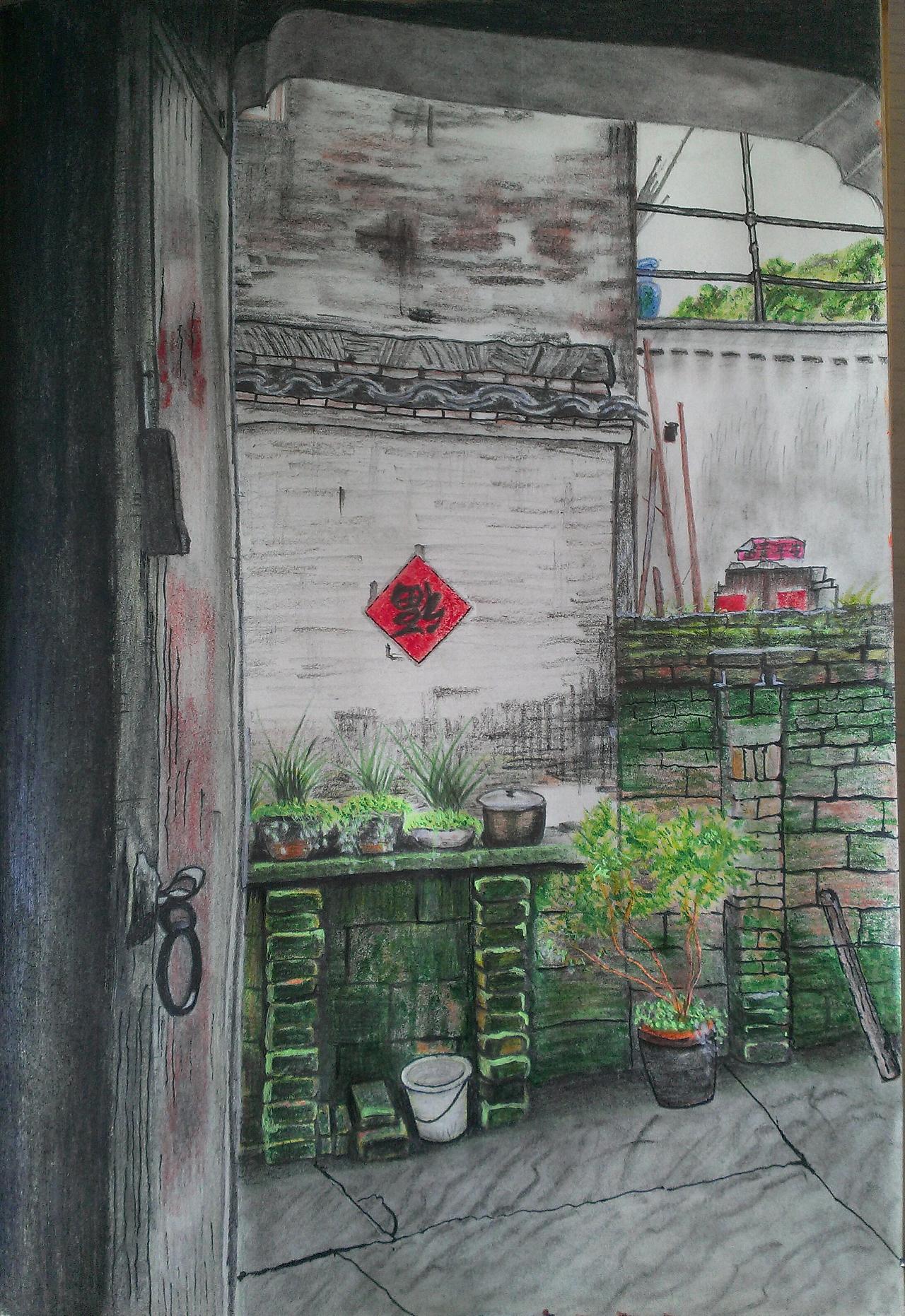 再见清晨彩铅风景