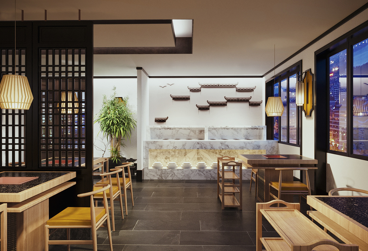 一套中式风格的火锅店