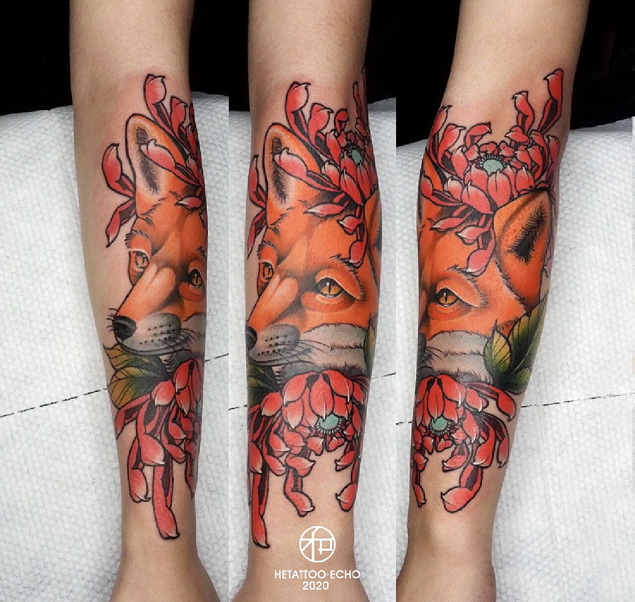 狐狸线条色彩纹身图案