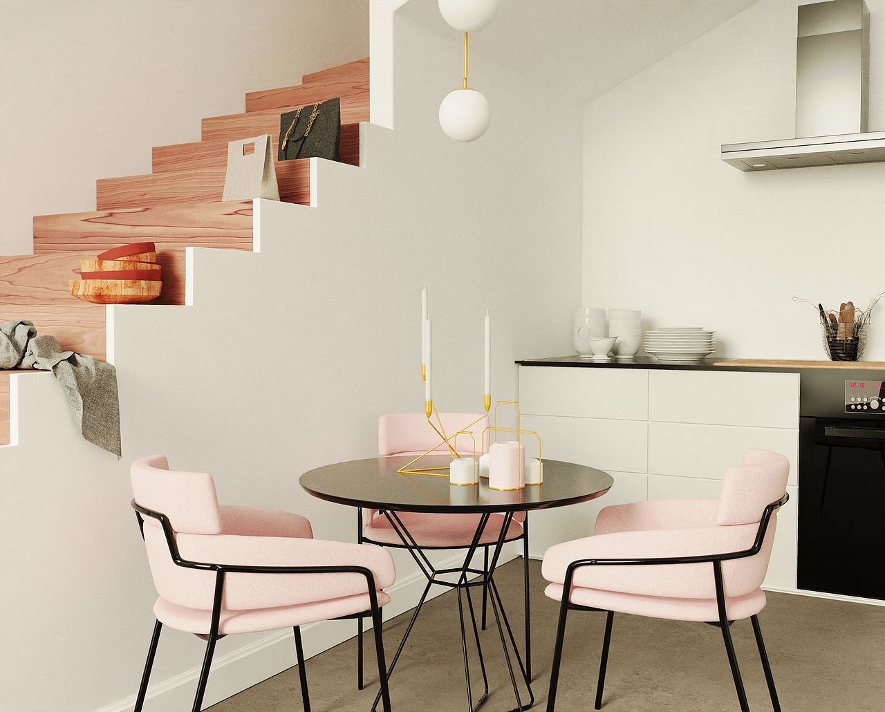 keyshot渲染场景现代简约客厅厨房组合小场景渲染