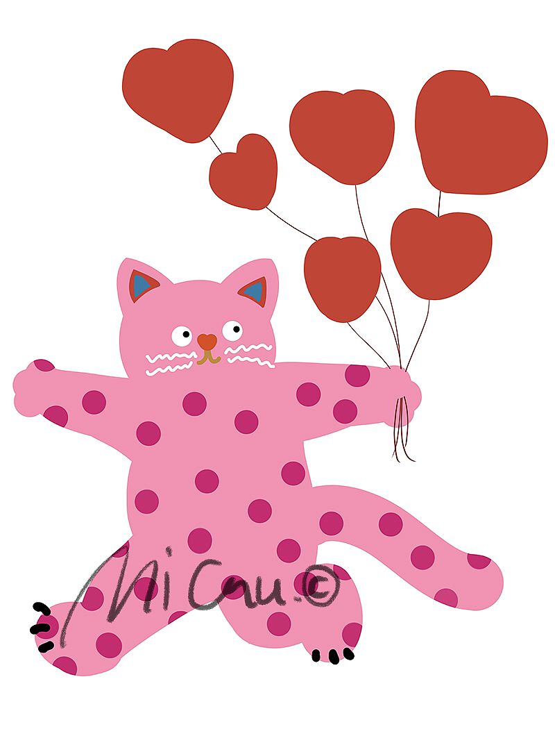 粉色波点猫与红色爱心猫咪插画设计