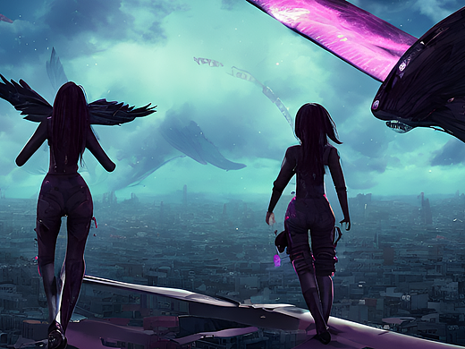 站酷梦笔#黑暗少女天空翅膀遗失的猫,赛博朋克